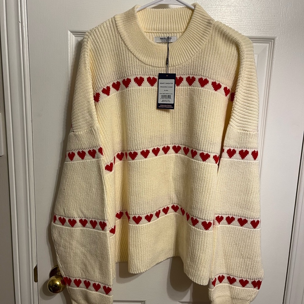 NWT Smash + Tess Cream and Red Heart Crew Neck Sweater